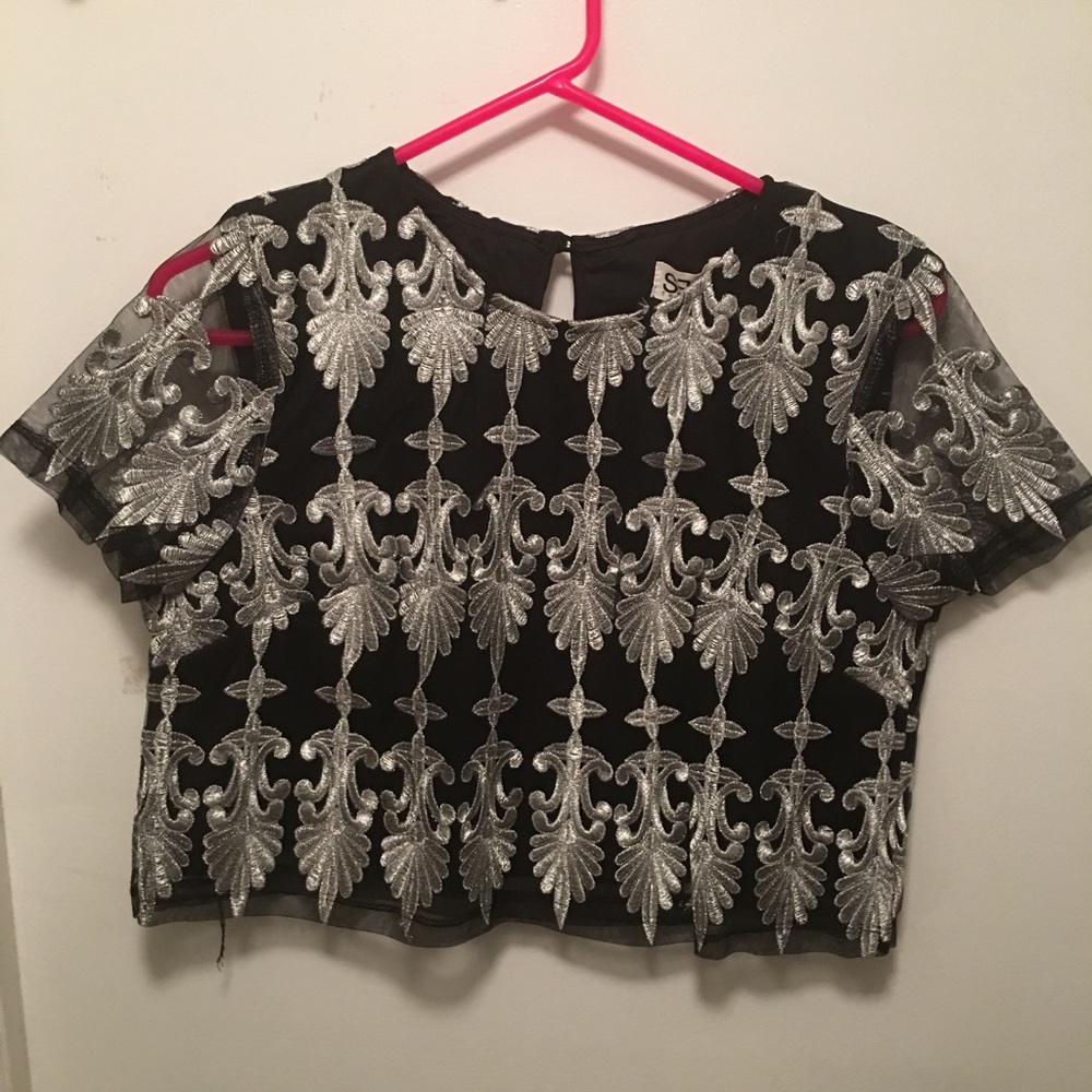 Black w/ Silver embroidery detail crop top